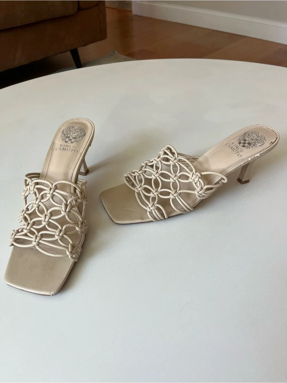 VINCE CAMUTO Nude Leather Braided Sandal Heels, Size 9 - Picture 1 of 4